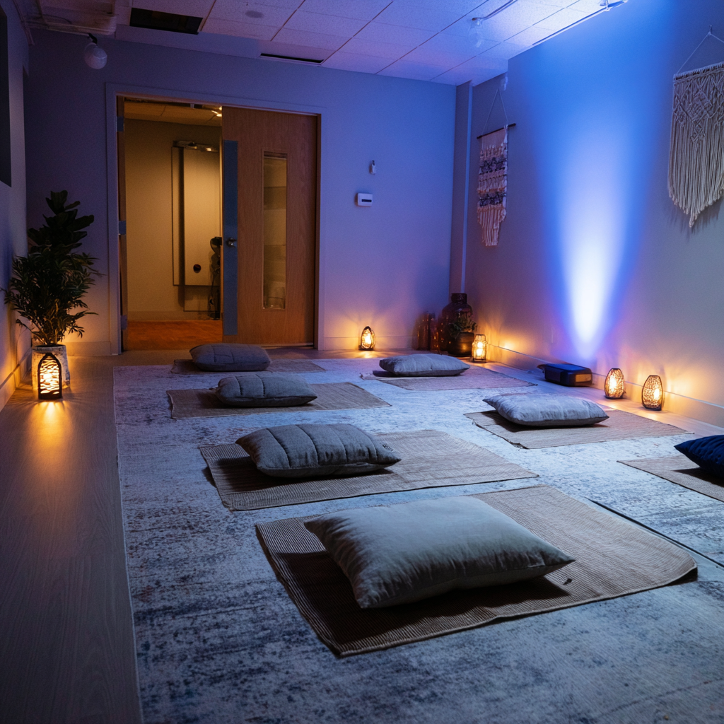 Meditation space with comfortable mats and peaceful atmosphere for adults