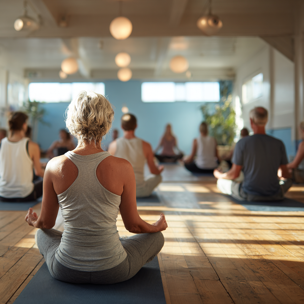 Peaceful yoga studio environment with natural lighting and mature practitioners